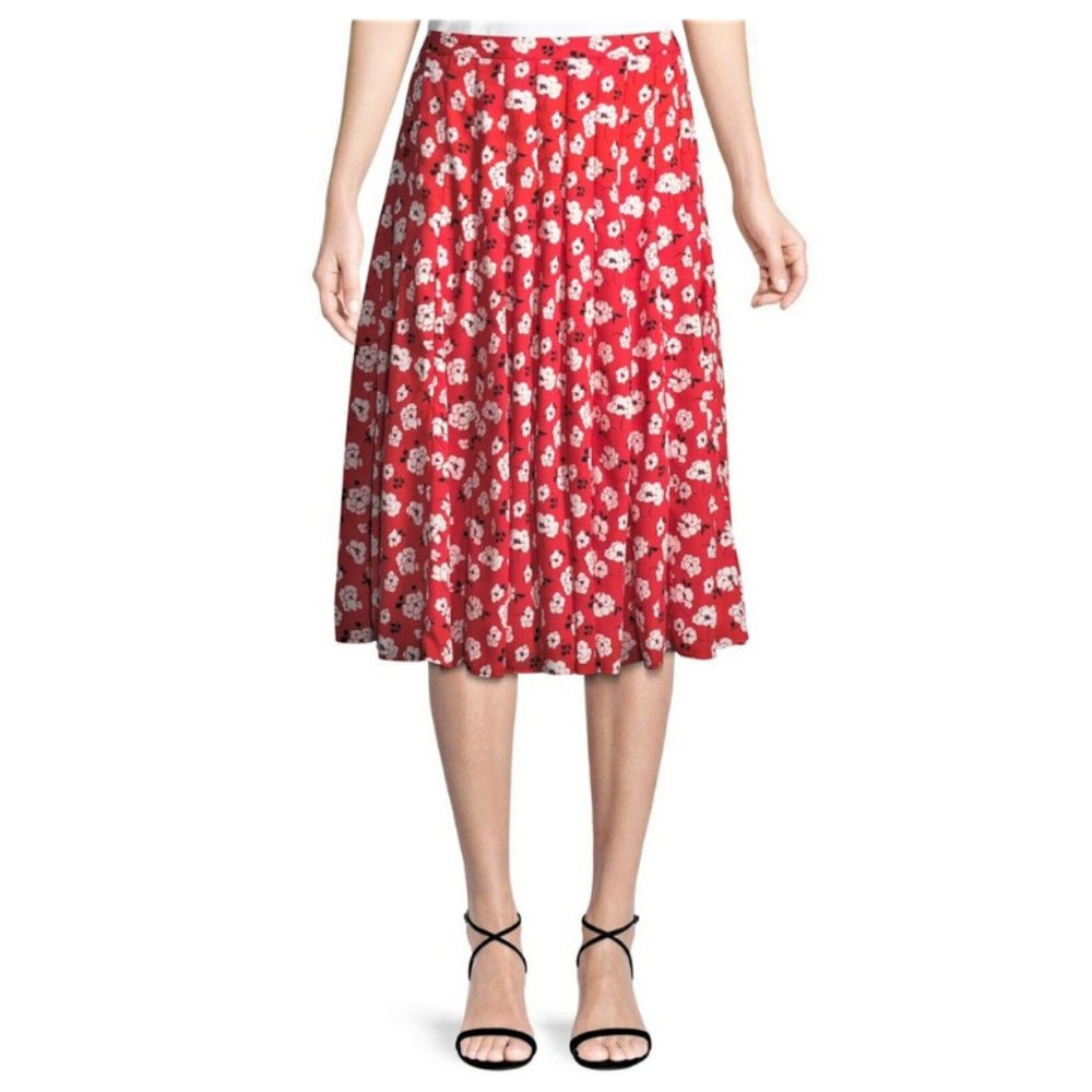 Karl Lagerfeld Paris A-line Pleated Lined Midi Skirt Size-14 Red/Floral Print